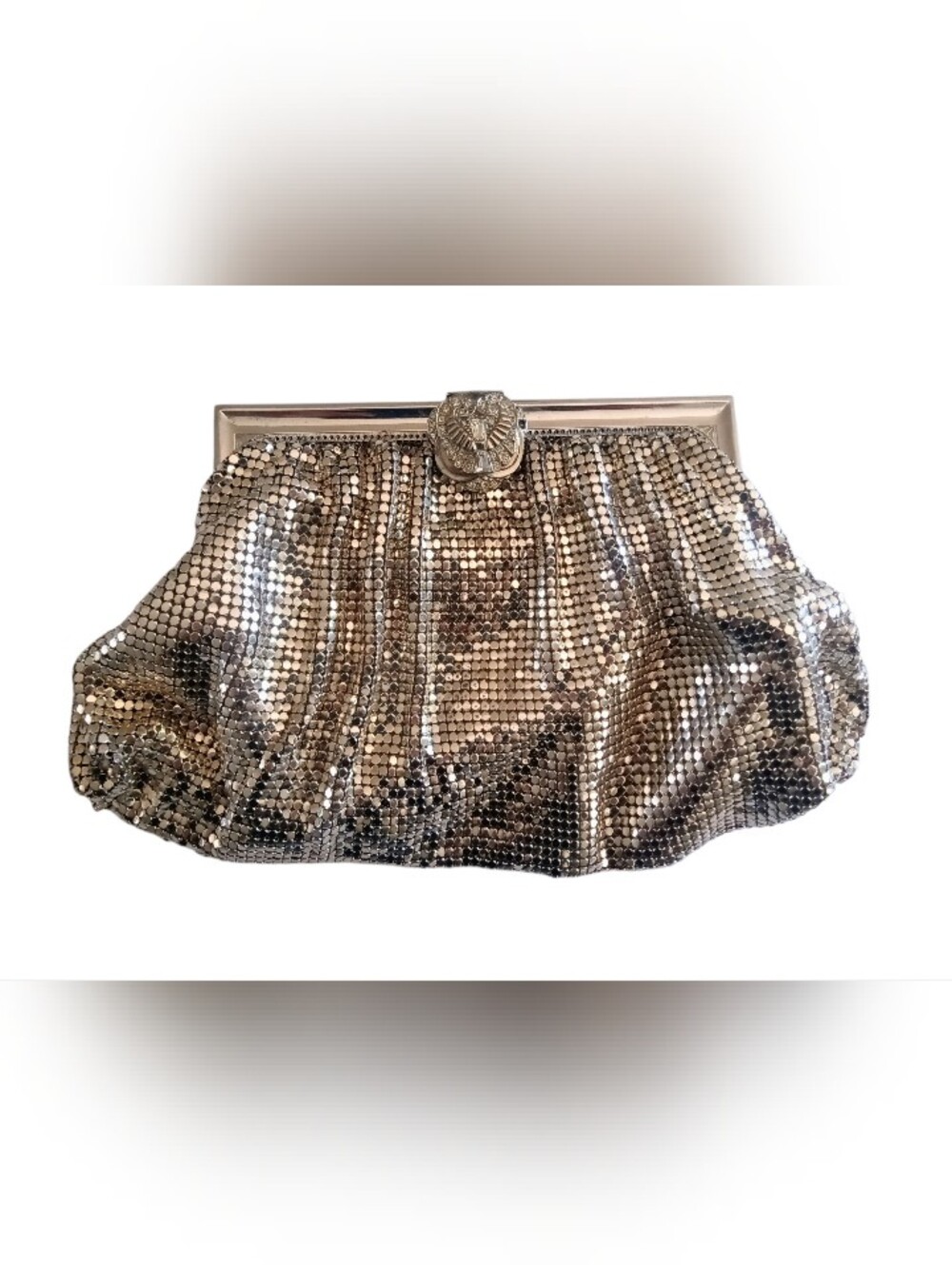 VTG Whiting & Davis Evening Metal Mesh Clutch Bag Metallic Silver Ornate Clasp